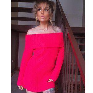 OFF SHOULDER RIBBED RED SWEATER DRESS